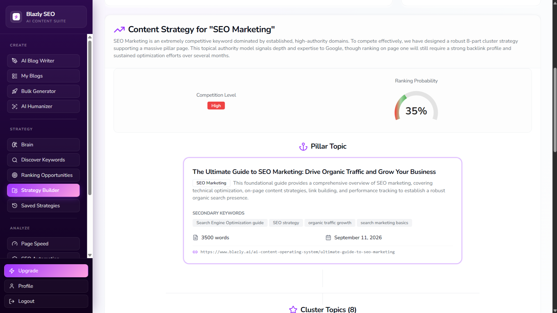 Strategy Builder with pillar and cluster topics.