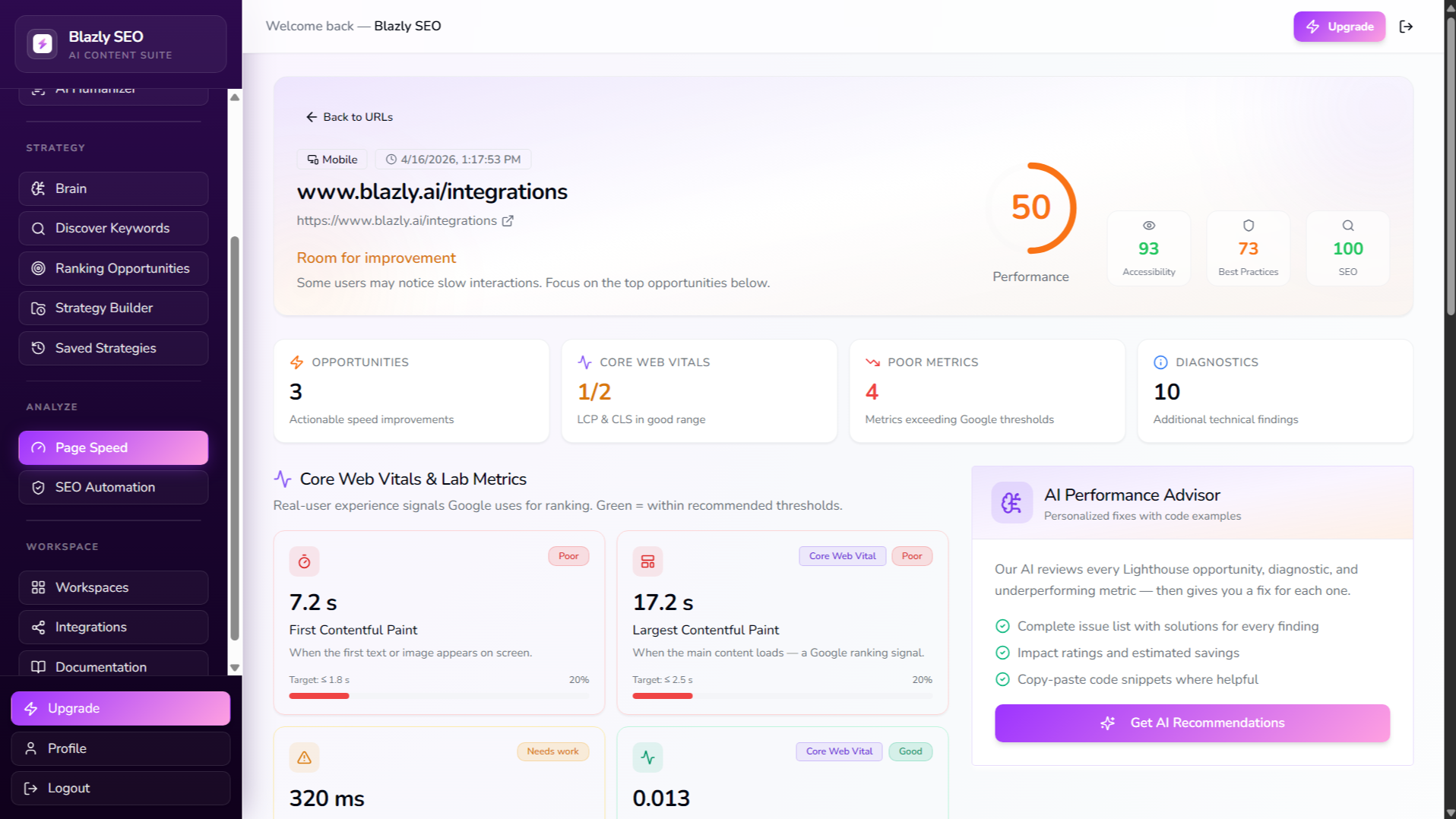 Page Speed analysis for project URLs
